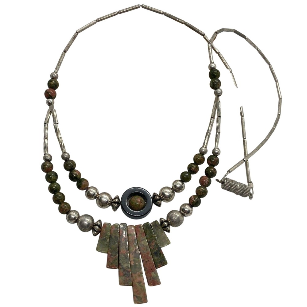 Vintage SW Style Green Pink Unakite Stone 18''โ Necklace Silver Tone 15g Boho